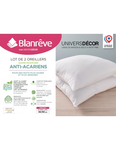 Lot de 2 oreillers 60 x 60 cm Blanrêve Gamme Microfibre "Douceur" traité Anti Acarien