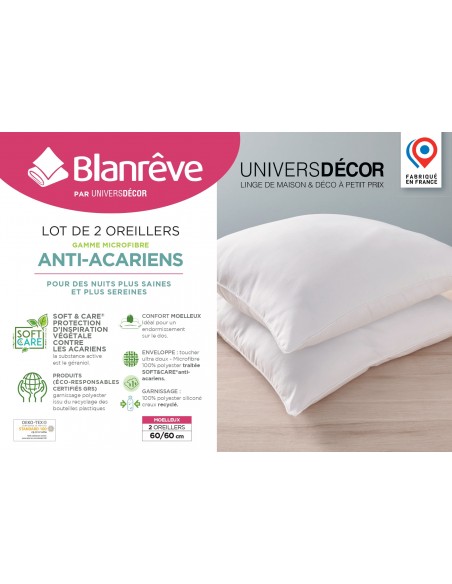 Lot de 2 oreillers 60 x 60 cm Blanrêve Gamme Microfibre "Douceur" traité Anti Acarien