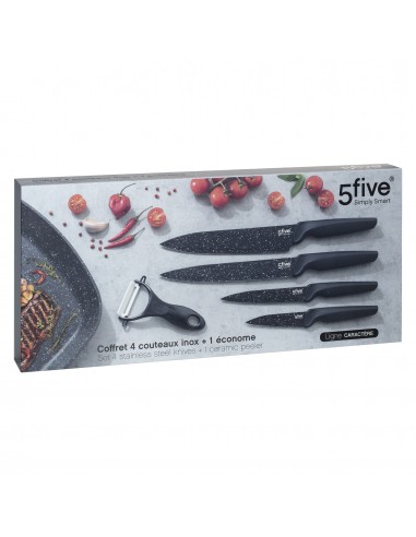 Ensemble 4 couteaux inox + 1 économe céramique  Secret de Gourmet Ensemble 4 couteaux inox + 1 économe céramique  Secret de Gourmet
