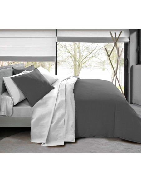 Pack complet 4 pièces Anthracite/Blanc réversible housse de couette pour lit 90 x 190 cm