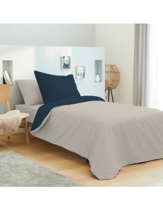 Pack complet 4 pièces Lin/Marine réversible housse de couette pour lit 90 x 190 cm