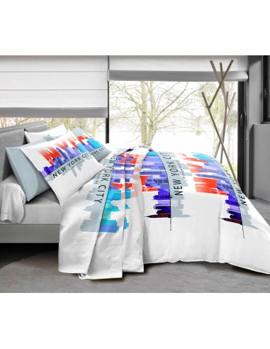 Pack complet NY Skyline Bleu housse de couette pour lit 160 x 200 cm 100% coton / 57 fils/cm²