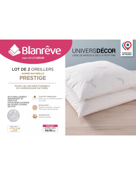 Lot de 2 oreillers 60 x 60 cm Blanrêve Gamme Naturelle "Prestige" plumes véritables confort moelleux