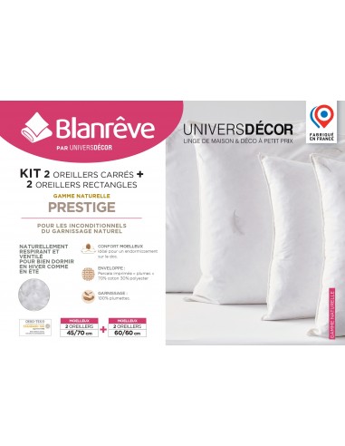 Lot de 4 oreillers 2 x 60 x 60 + 2 x 45 x 70 cm Blanrêve Gamme Naturelle "Prestige" plumes véritables confort moelleux