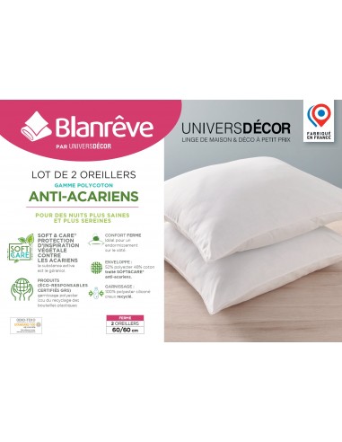 Lot de 2 oreillers 60 x 60 cm Blanrêve Gamme Polycoton "Confort" traité Anti Acarien Soft & care