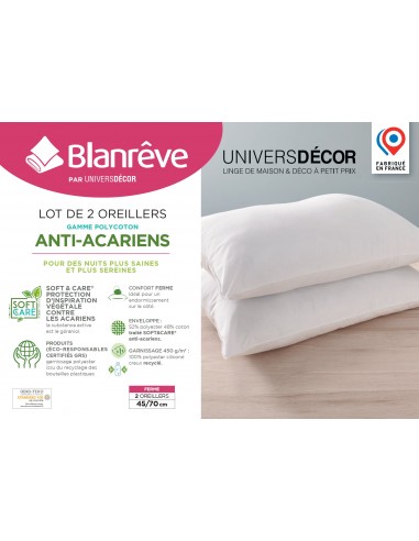 Lot de 2 oreillers 45 x 70 cm Blanrêve Gamme Polycoton "Confort" traité Anti Acarien Soft & care