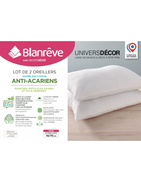 Lot de 2 oreillers 45 x 70 cm Blanrêve Gamme Polycoton "Confort" traité Anti Acarien Soft & care