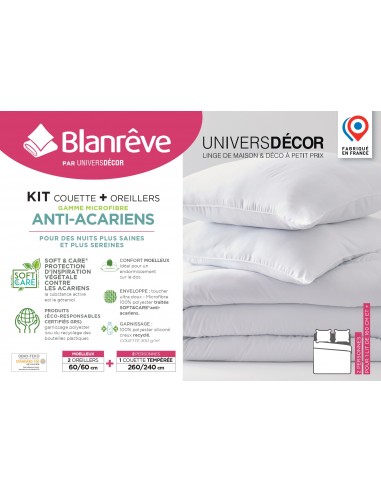 Pack Couette Blanrêve 260 x 240 cm + 2 Oreillers 60 x 60 Gamme Microfibre "Douceur" traité Anti Acarien Soft & care