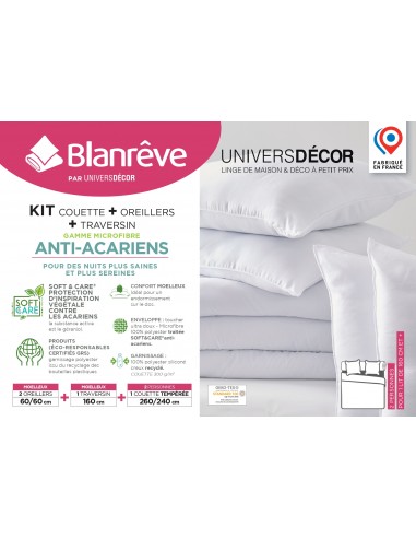 Pack Couette Blanrêve 260 x 240 cm + 2 Oreillers 60 x 60 + Polochon 160 Gamme Microfibre "Douceur" traité Anti Acarien