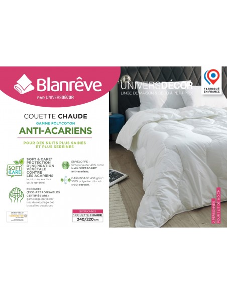 Couette Blanrêve très chaude 240 x 220 cm Gamme Polycoton "Confort" traité Anti Acarien Soft & care