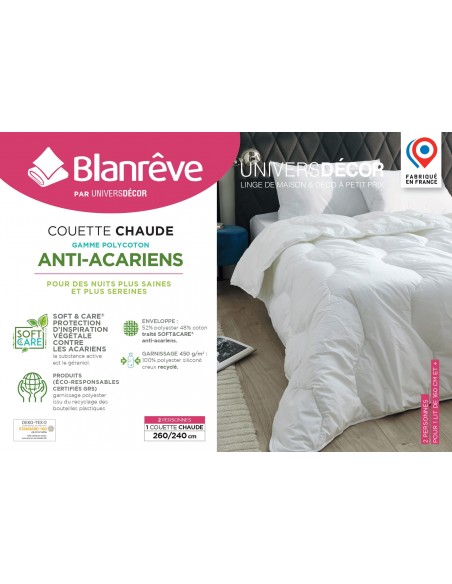 Couette Blanrêve très chaude 260 x 240 cm Gamme Polycoton "Confort" traité Anti Acarien Soft & care