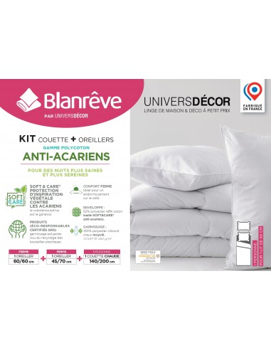 Pack Couette Blanrêve très chaude 140 x 200 + Oreiller 60 x 60 + Oreiller 45 x 70 Polycoton "Confort" traité Anti Acarien