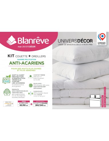 Pack Couette Blanrêve très chaude 260 x 240 + 2 Oreillers 60 x 60 Polycoton "Confort" traité Anti Acarien Soft & care