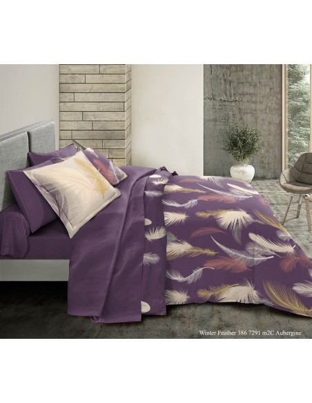 Pack complet Feather Aubergine housse de couette pour lit 180 x 200 cm "King size" 100% coton / 57 fils/cm²