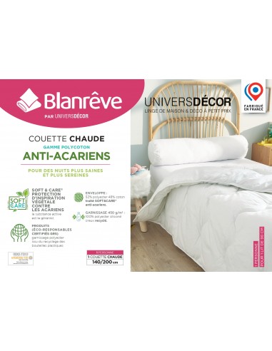 Couette Blanrêve très chaude 140 x 200 cm Gamme Polycoton "Confort" traité Anti Acarien Soft & care