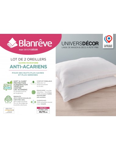 Lot de 2 oreillers 45 x 70 cm Blanrêve Gamme Microfibre "Douceur" traité Anti Acarien Soft & care