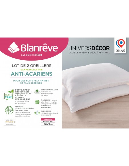 Lot de 2 oreillers 45 x 70 cm Blanrêve Gamme Microfibre "Douceur" traité Anti Acarien Soft & care