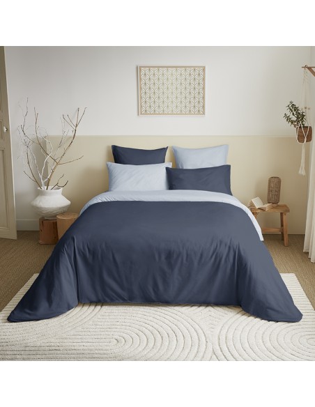 Pack complet 6 pièces Marine/Bleu Ciel réversible housse de couette pour lit 140 x 190 cm