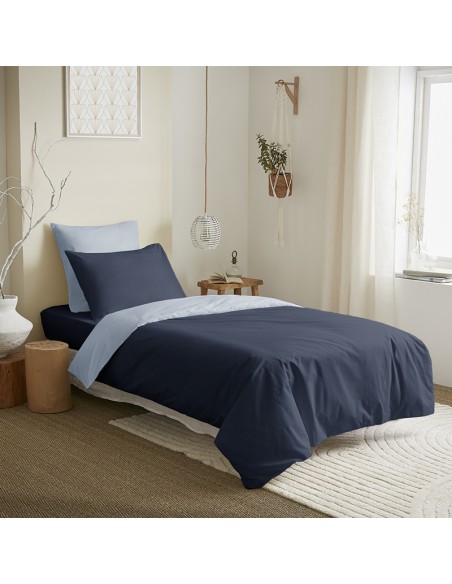 Pack complet 4 pièces Marine/Bleu Ciel réversible housse de couette pour lit 90 x 190 cm