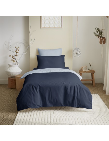 Pack complet 4 pièces Marine/Bleu Ciel réversible housse de couette pour lit 90 x 190 cm