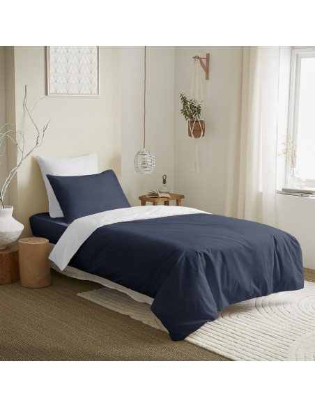Pack complet 4 pièces Marine/Blanc réversible housse de couette pour lit 90 x 190 cm