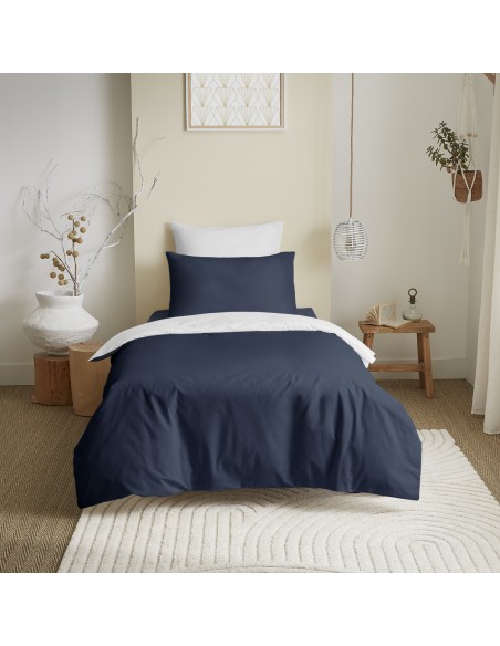 Pack complet 4 pièces Marine/Blanc réversible housse de couette pour lit 90 x 190 cm