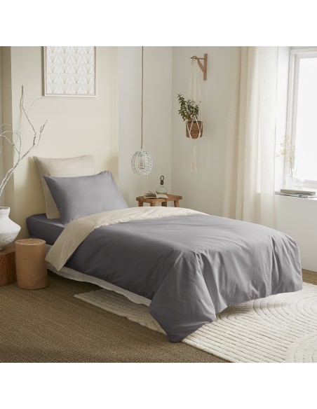 Pack complet 4 pièces Taupe/Lin réversible housse de couette pour lit 90 x 190 cm