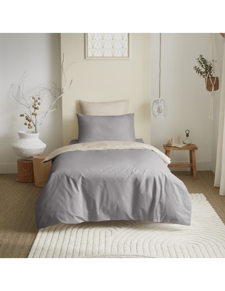 Pack complet 4 pièces Taupe/Lin réversible housse de couette pour lit 90 x 190 cm