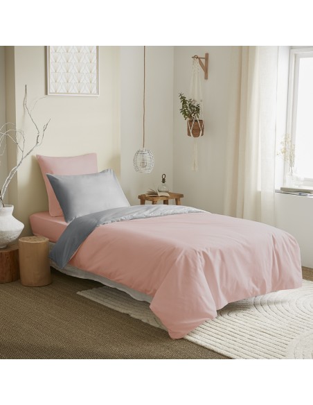 Pack complet 4 pièces Rose/Gris réversible housse de couette pour lit 90 x 190 cm