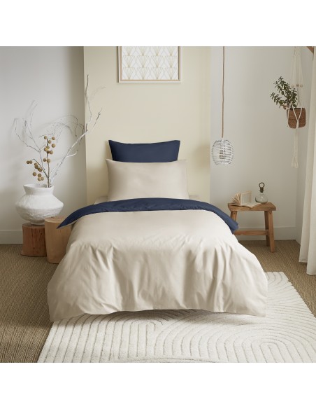 Pack complet 4 pièces Lin/Marine réversible housse de couette pour lit 90 x 190 cm
