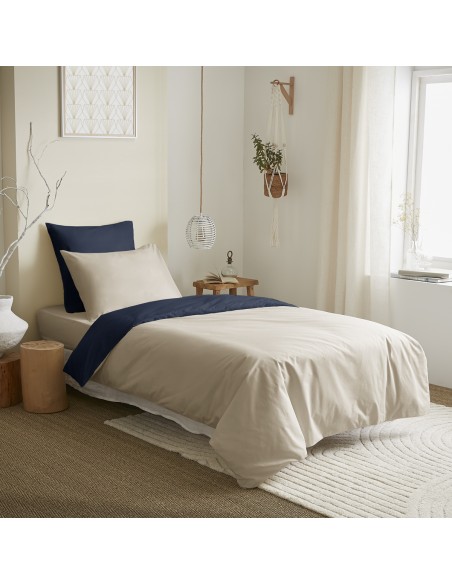 Pack complet 4 pièces Lin/Marine réversible housse de couette pour lit 90 x 190 cm
