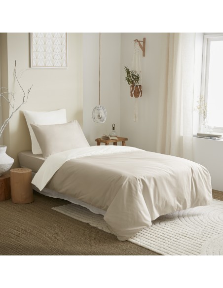 Pack complet 4 pièces Lin/Blanc réversible housse de couette pour lit 90 x 190 cm