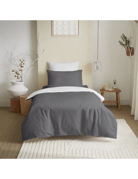 Pack complet 4 pièces Anthracite/Blanc réversible housse de couette pour lit 90 x 190 cm