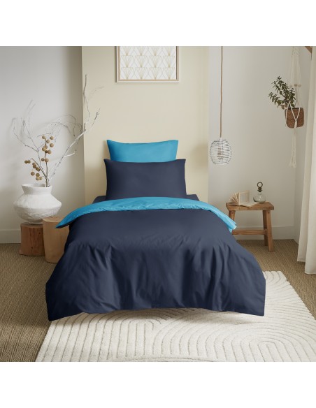 Pack complet 4 pièces Marine/Turquoise réversible housse de couette pour lit 90 x 190 cm