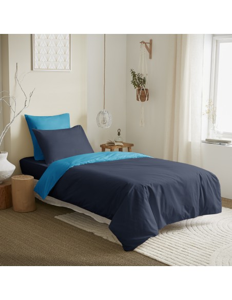 Pack complet 4 pièces Marine/Turquoise réversible housse de couette pour lit 90 x 190 cm