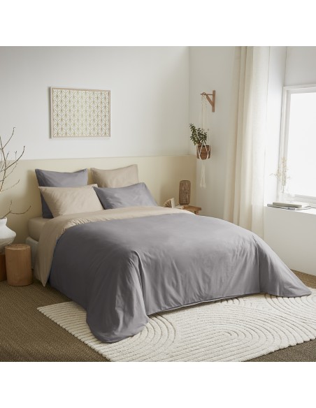 Pack complet 6 pièces Taupe/Lin réversible housse de couette pour lit 140 x 190 cm