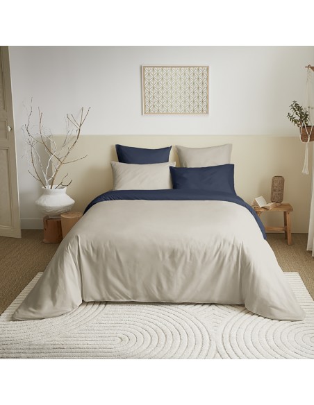 Pack complet 6 pièces Lin/Marine réversible housse de couette pour lit 140 x 190 cm