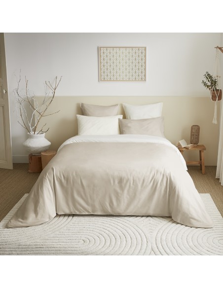 Pack complet 6 pièces Lin/Blanc réversible housse de couette pour lit 140 x 190 cm