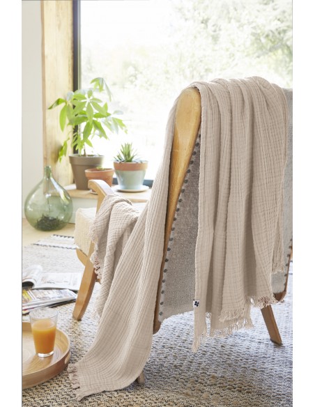 Plaid à franges "Gaïa" 130 x 160 cm Gaze de Coton l'Effet Papillon