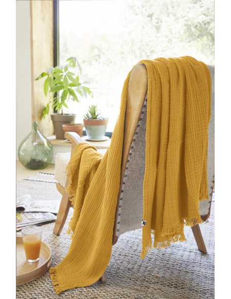 Plaid à franges "Gaïa" 130 x 160 cm Gaze de Coton l'Effet Papillon