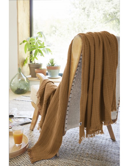 Plaid à franges "Gaïa" 180 x 220 cm Gaze de Coton l'Effet Papillon